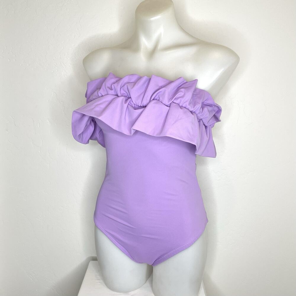 Amita Naithani Ruffle Strapless One Piece Swimsuit Small Lilac Purple Lavender